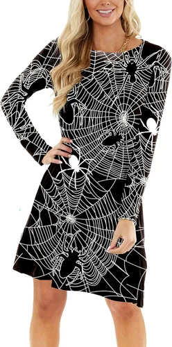 Vista 4 de Deerose Disfraz divertido con estampado de Halloween para mujer con bolsillos, H Telaraña