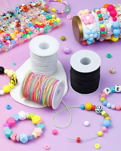 Vista 5 de FIVEIZERO 2 Rollos de Cuerda Elástica Negra para Pulseras Total 330 Pies, Cordón Elástico de 1mm, 1.2mm, 1.5mm para Enhebrar con Aguja