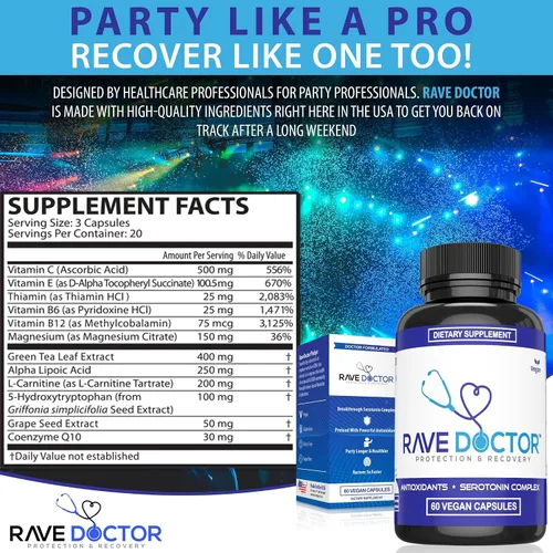 Vista 5 de Suplemento Rave Doctor 5 HTP - Vitaminas Esenciales de Rave para Asistentes a Festivales, Accesorios de Rave, Esenciales de Festival, Equipo