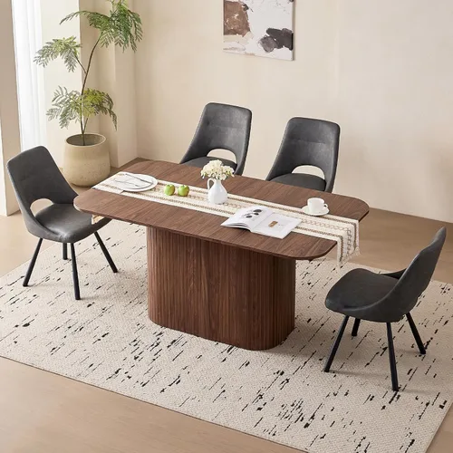 Vista 10 de Juego de 4 mesas de comedor grandes de 63 pulgadas para 4, esquinas redondeadas, mesa de cocina rectangular moderna de madera con sillas Boucle