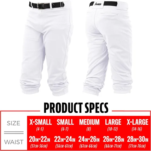 Vista 6 de Franklin Sports Pantalones de béisbol y sóftbol juveniles, hasta la rodilla + pantalones de béisbol de ajuste relajado para niños, color blanco