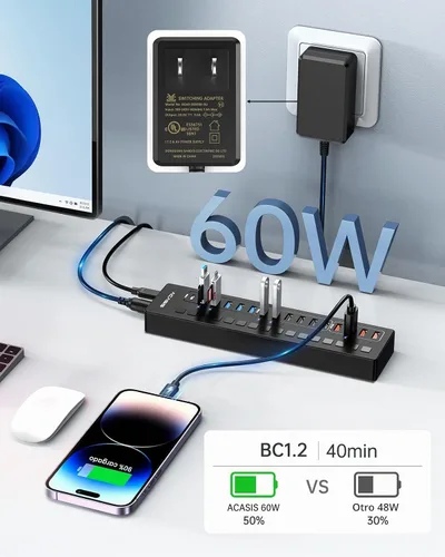 Vista 4 de Concentrador USB 3.0 alimentado, concentrador USB ACASIS de 16 puertos (incluye 2 puertos de carga inteligente USB C 3.0+4) con adaptador