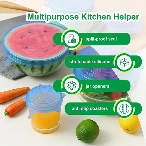 Vista 3 de Tapas elásticas de silicona, paquete de 6 fundas reutilizables para alimentos, silicona flexible para cuencos, recipientes, frutas, sello hermético