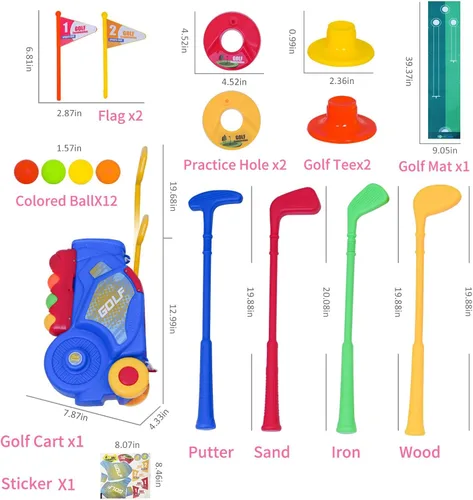 Vista 4 de Nattork Juego de golf para niños y niñas de 1, 2 y 3 años, carrito de golf mejorado para niños con 4 palos y 12 pelotas, juguete deportivo