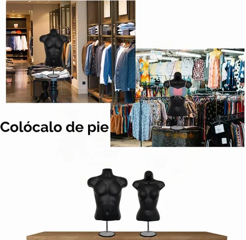 Vista 4 de Maniquí de torso masculino y femenino con soporte de metal, cuerpo con respaldo hueco, apilable, forma de vestido para exhibición de camisetas Negro