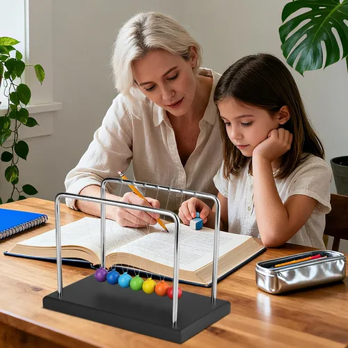 Vista 7 de Newtons Cradle Balance - Bolas de péndulo, cuna grande de Newton, 7 cuentas de colores con base negra, herramienta de aprendizaje educativo