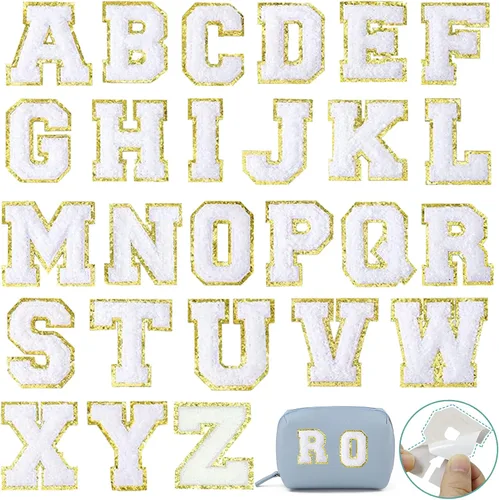 Vista 6 de 26 parches de letras de felpilla autoadhesivas, parches de letras termo-adhesivas con purpurina, parches para planchar de letras A-Z, parches