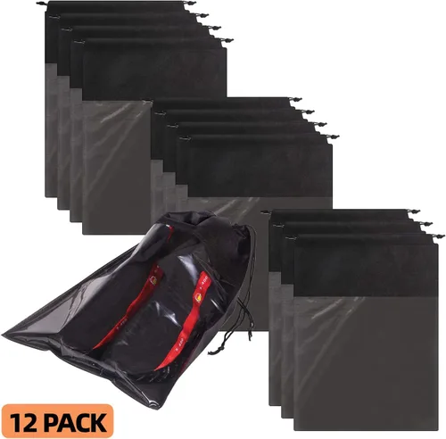 Vista 3 de Paquete de 12 bolsas de zapatos portátiles para viajes, bolsa grande para zapatos, organizador de almacenamiento, ventana transparente con cordón