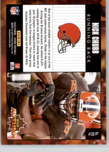 Vista 2 de 2023 Score Men of Autumn #12 Nick Chubb Cleveland Browns Official Panini NFL Football Trading Card (Stock Photo shown, Near Mint to Mint Condition)