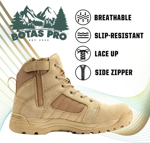 Vista 2 de Botas tácticas para hombre con cremallera lateral de 6 pulgadas, ligeras, cómodas, militares, botas tácticas militares (BMP111)