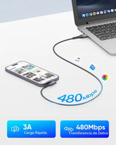 Vista 3 de Cable USB C de ángulo recto de 6 pulgadas, cable USB C corto de carga