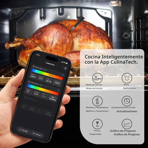 Vista 5 de Termómetro inalámbrico de carne de 750 pies de largo alcance para ahumador, barbacoa y asador, 2 sondas, termómetro inteligente Bluetooth con sensor