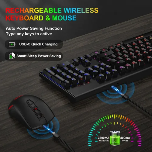 Vista 3 de Teclado y mouse inalámbricos para juegos, teclado inalámbrico recargable con retroiluminación arcoíris y mouse ergonómico con iluminación