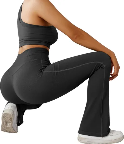 Vista 5 de MOSHENGQI Leggings acampanados acanalados para mujer, pantalones de yoga sin costuras de cintura alta