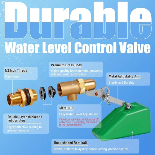 Vista 2 de Válvula de flotador de 1/2 pulgada, válvula de flotador de llenado automático para piscina, verde Adjuatable Arm, Brass Valve & Plastic Float