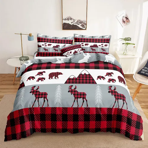 Vista 42 de Juego de ropa de cama de Navidad con funda de edredón de copos de nieve, color blanco y rojo, con estampado navideño, juego de ropa de cama festiva