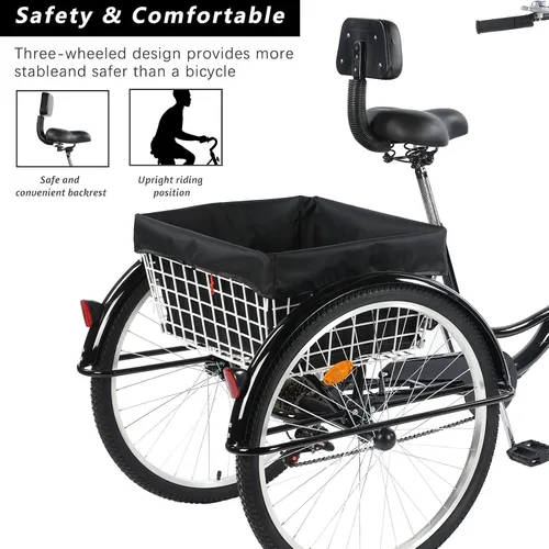 Vista 4 de Triciclo para adultos de 7 velocidades y 3 ruedas, bicicleta de 24 pulgadas con 3 ruedas para personas mayores, mujeres, hombres, crucero con cesta