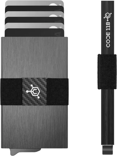 Vista 32 de CODE 118 Billetera – Billetera inteligente automática premium, bloqueo RFID, billetera de metal minimalista emergente para hombres, aluminio de 24K