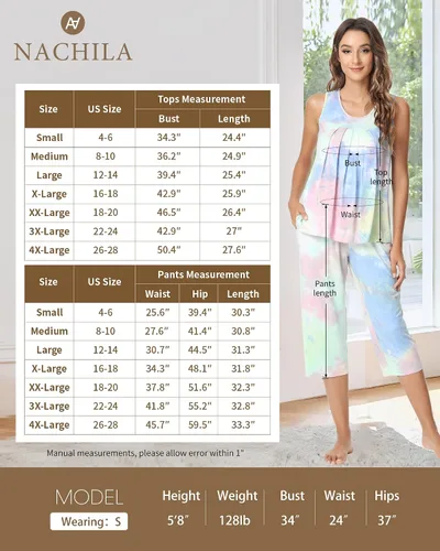 Vista 2 de NACHILA Conjunto de pijama de bambú para mujer, sin mangas, suave, pantalones capri, tallas S-4XL