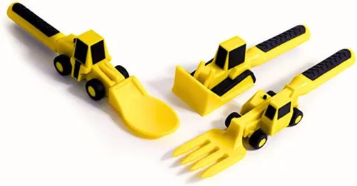 Vista 4 de Set de plato y utensilios para comer Constructive Eating con motivo de construcción, Amarillo y naranja