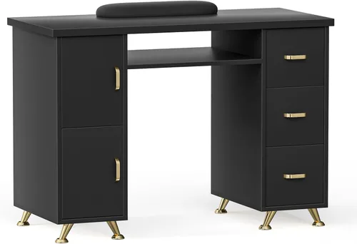 Vista 10 de Mesa de manicura, mesa de uñas, estación de mesa de uñas, resistente a acetona, cojín de muñeca, 3 cajones y 2 gabinetes Acetone-resistant