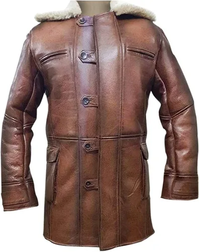 Vista 3 de SAMS Tom Hardy Dark Knight Rises Bane - Abrigo de piel de oveja para hombre, color marrón envejecido, gabardina de piel auténtica, abrigo chaqueta
