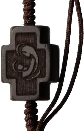Vista 3 de Sine Cera Pulsera de rosario católico de 1 década con piedra de jaspe, madera de azafuera, centro de mesa grabado con láser de doble cara