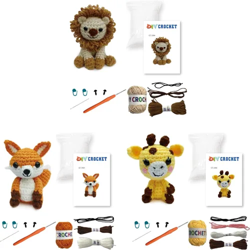 Vista 2 de GZBZTZ Kit de ganchillo de animales salvajes 3 en 1: león, zorro y jirafa Juego de safari amigurumi para principiantes con guía de video Regalo
