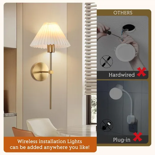 Vista 8 de Juego de 2 apliques de pared inalámbricos, pantallas plisadas recargables que funcionan con batería, luces de pared retro industriales doradas