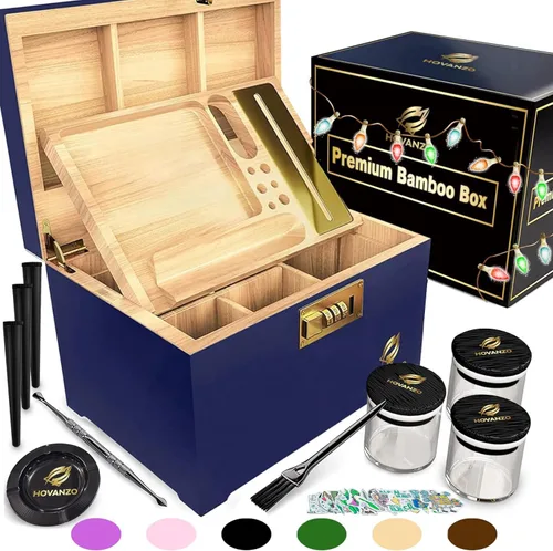 Vista 11 de HOVANZO Caja de almacenamiento grande de bambú premium con bandeja organizadora, caja de madera de almacenamiento y accesorios, caja decorativa