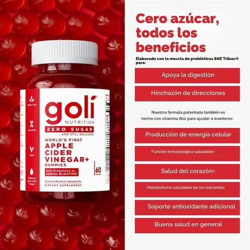 Vista 2 de Goli Zero Sugar Apple Cider Vinegar Gummies - ACV with Vitamin B12 and Probiotics - No Sugar Alcohols - Vegan, Keto-Friendly, Gluten-Free