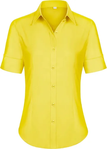 Vista 23 de siliteelon Camisas de vestir de manga corta con botones para mujer, camisas de algodón con botones para mujer, blusa ajustada de manga 3/4