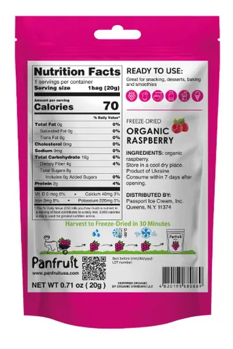 Vista 2 de PANFRUIT Bocadillos orgánicos liofilizados de frambuesa entera – 100% natural, sin azúcar añadido, sin OMG, sin gluten – 4 paquetes individuales