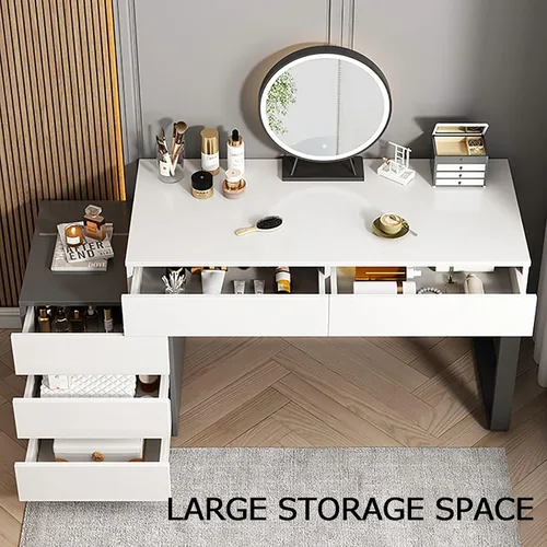 Vista 4 de Tocador de maquillaje con luces, brillo ajustable, 5 cajones, taburete acolchado suave, para dormitorio, estudio, tocador con espejo iluminado