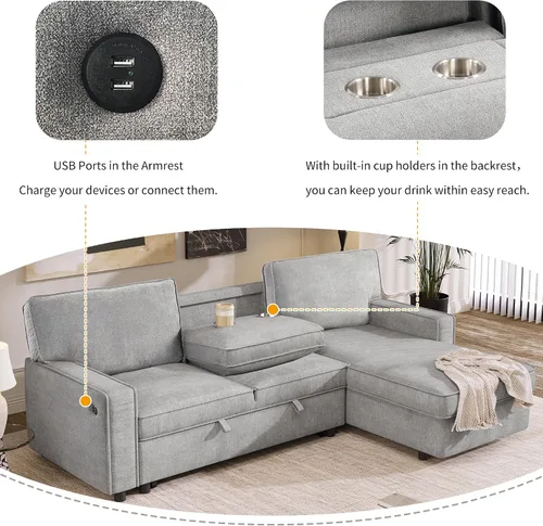 Vista 13 de Sofá modular moderno en forma de U de 115 pulgadas, juego de sofás tapizados grandes con asiento de almacenamiento, sofá cama convertible con diván