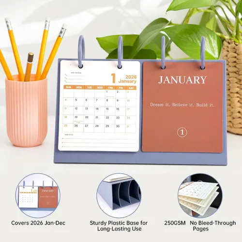 Vista 2 de Calendario de Escritorio Pequeño 2026 de Enero a Diciembre, Calendario Mensual Decorativo de Voltear para Escritorio con Citas Motivacionales, Linda