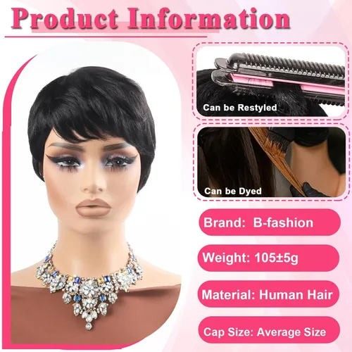 Vista 2 de Peluca de cabello humano con corte Pixie para mujeres negras, 100% cabello humano real, peluca corta y recta sin pegamento con flequillo, hecha a