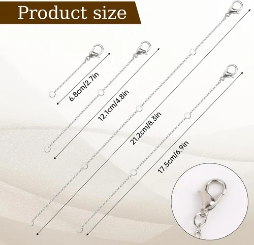Vista 3 de KALIONE Paquete de 4 cadenas extensoras de collar, 4 tamaños, extensores de collar de plata, extensores de cadena de 2/4/6/8 pulgadas para collares