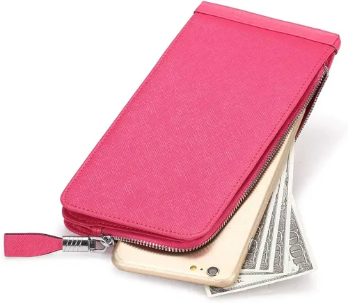 Vista 6 de Cartera de piel auténtica para mujer, con cremallera larga con cremallera RFID