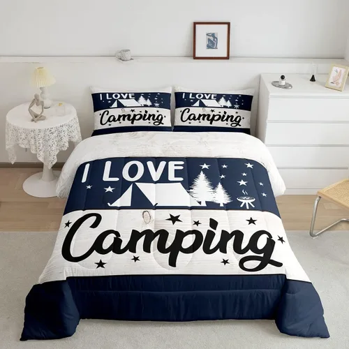 Vista 24 de Juego de ropa de cama con temática de cámper, juego de edredón de cabaña de madera marrón y verde, tamaño matrimonial, 3 piezas, decoración de Multi