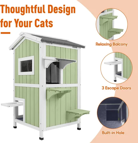Vista 8 de Casa cálida aislada para gatos de 2 pisos, refugio resistente a la intemperie para gatos con 2 plataformas, capas térmicas, 2 puertas de escape