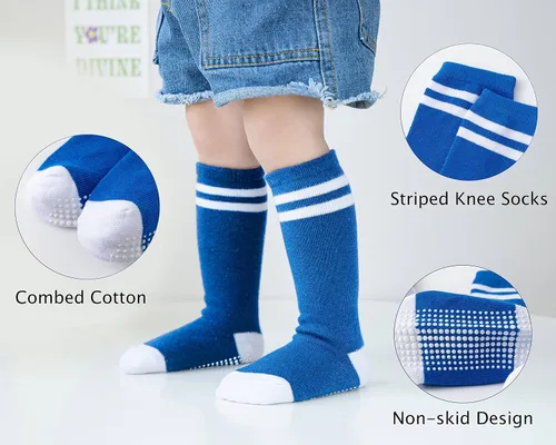 Vista 3 de EPEIUS Calcetines altos hasta la rodilla con agarre antideslizante Toddller Athletic Stripe Team Tube Calcetines para niños y niñas, paquete de 5