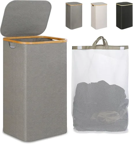 Vista 27 de iEGrow Cesta de lavandería con tapa, cesta grande de lavandería de 110 litros con asa y tapa, organizador de ropa plegable con bolsa interior Beige