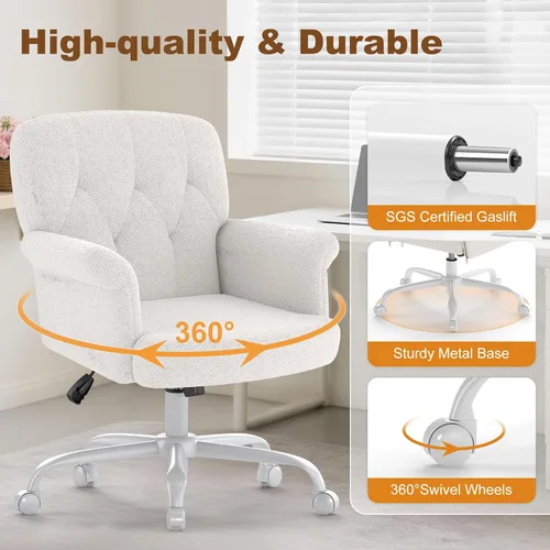 Vista 7 de Comfy - Silla de escritorio para oficina en casa, silla de tocador tapizada con ruedas y brazos, moderno asiento giratorio ajustable
