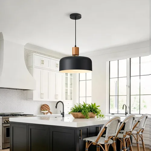 Vista 8 de Lámpara colgante moderna negra sobre isla de cocina, iluminación colgante industrial, lámpara colgante de techo de madera ajustable para comedor