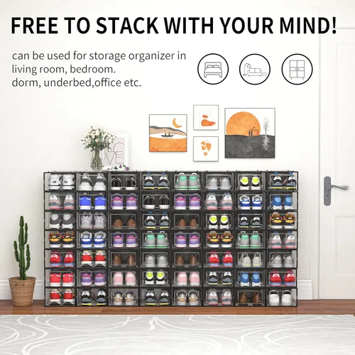 Vista 6 de Paquete de 12 cubos de almacenamiento de zapatos, organizador de zapatos apilable de plástico transparente para armario, zapatero plegable que
