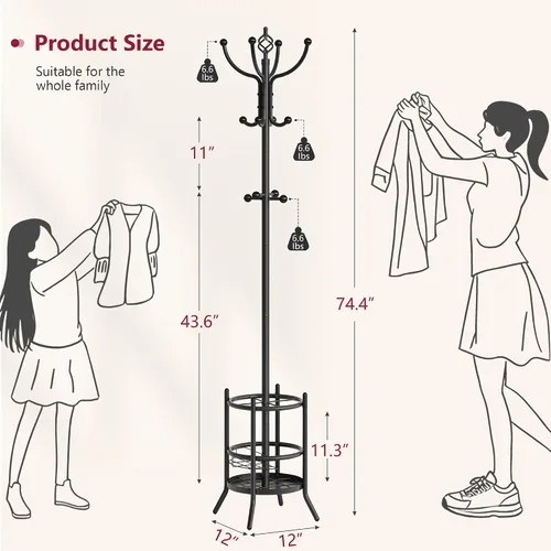 Vista 2 de Perchero con Soporte para Paraguas, Árbol de Abrigos Independiente con 16 Ganchos, Soporte para Perchero para Sala de Estar, Dormitorio, Oficina