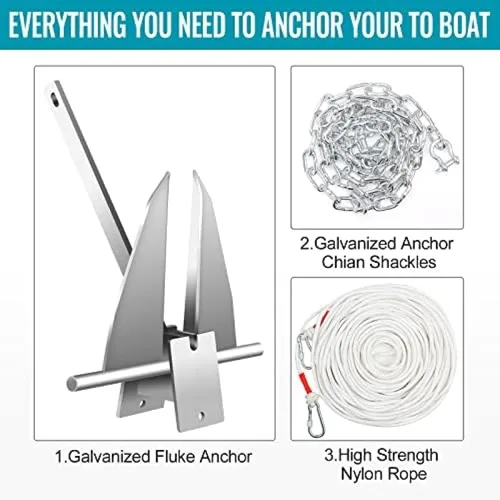 Vista 6 de Kit de anclaje para barco de 13 libras, anclaje de acero galvanizado por inmersión en caliente, ancla marina con ancla, cuerda, grilletes, cadena