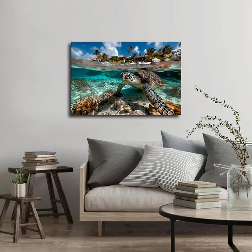 Vista 2 de Póster de tortuga marina verde nadando a través de los rayos del sol, fotos de tortugas marinas, imagen impresa en alta definición, póster retro