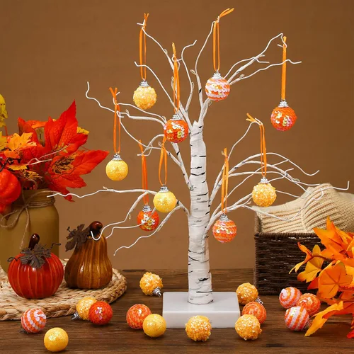 Vista 6 de Sotiff 24 piezas de adornos de mini árbol de calabaza, adornos de Navidad colgantes de Navidad, bolas de espuma con purpurina, envueltas en tela